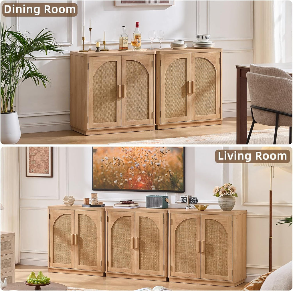 LEYAOYAO Rattan Sideboard Buffet Cabinet with Storage, 31.5" Coffee Bar Cabinet with Arch Doors & Adjustable Shelves, Wood Credenza, Boho Accent Cabinet for Kitchen, Living Room, Natural