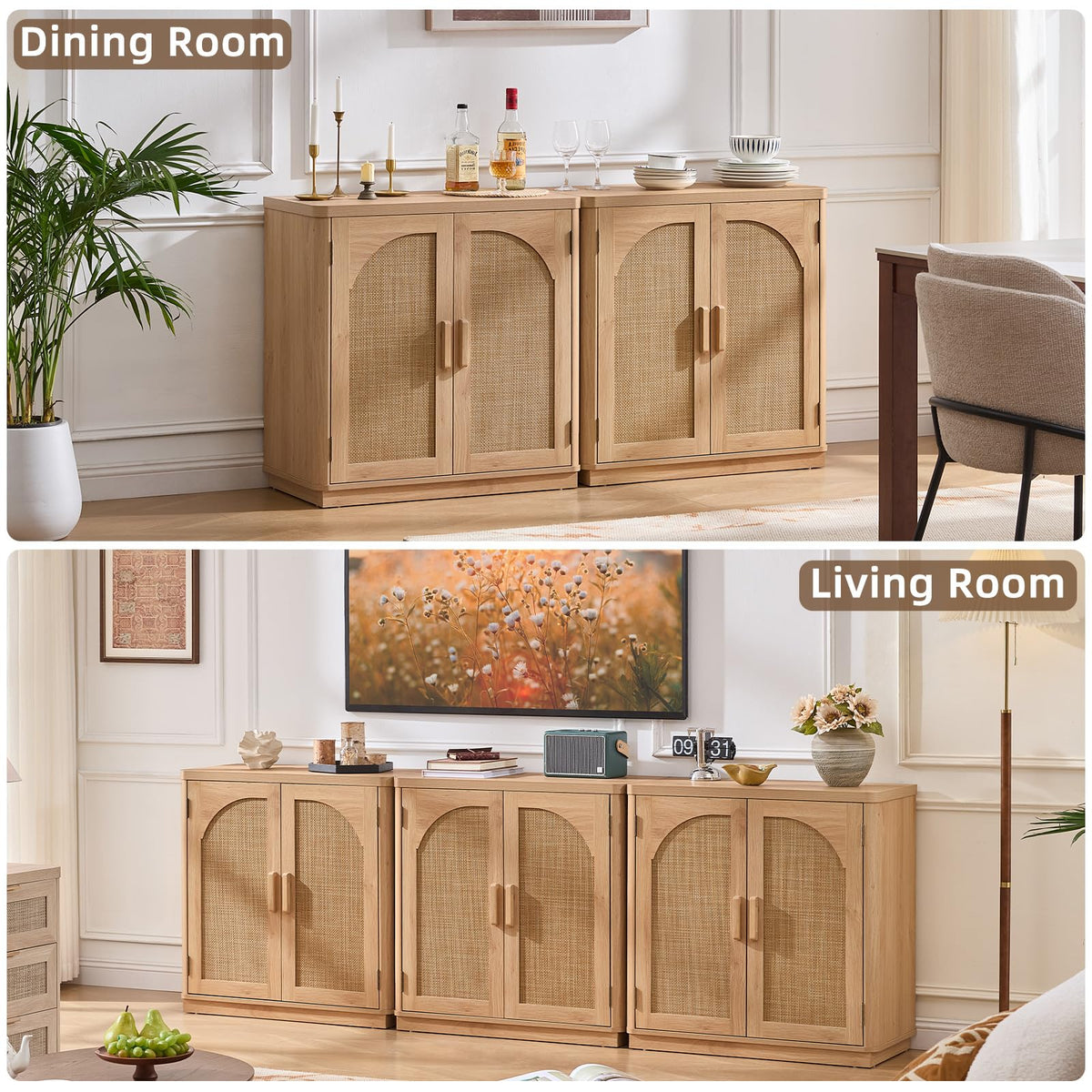 LEYAOYAO Rattan Sideboard Buffet Cabinet with Storage, 31.5" Coffee Bar Cabinet with Arch Doors & Adjustable Shelves, Wood Credenza, Boho Accent Cabinet for Kitchen, Living Room, Natural
