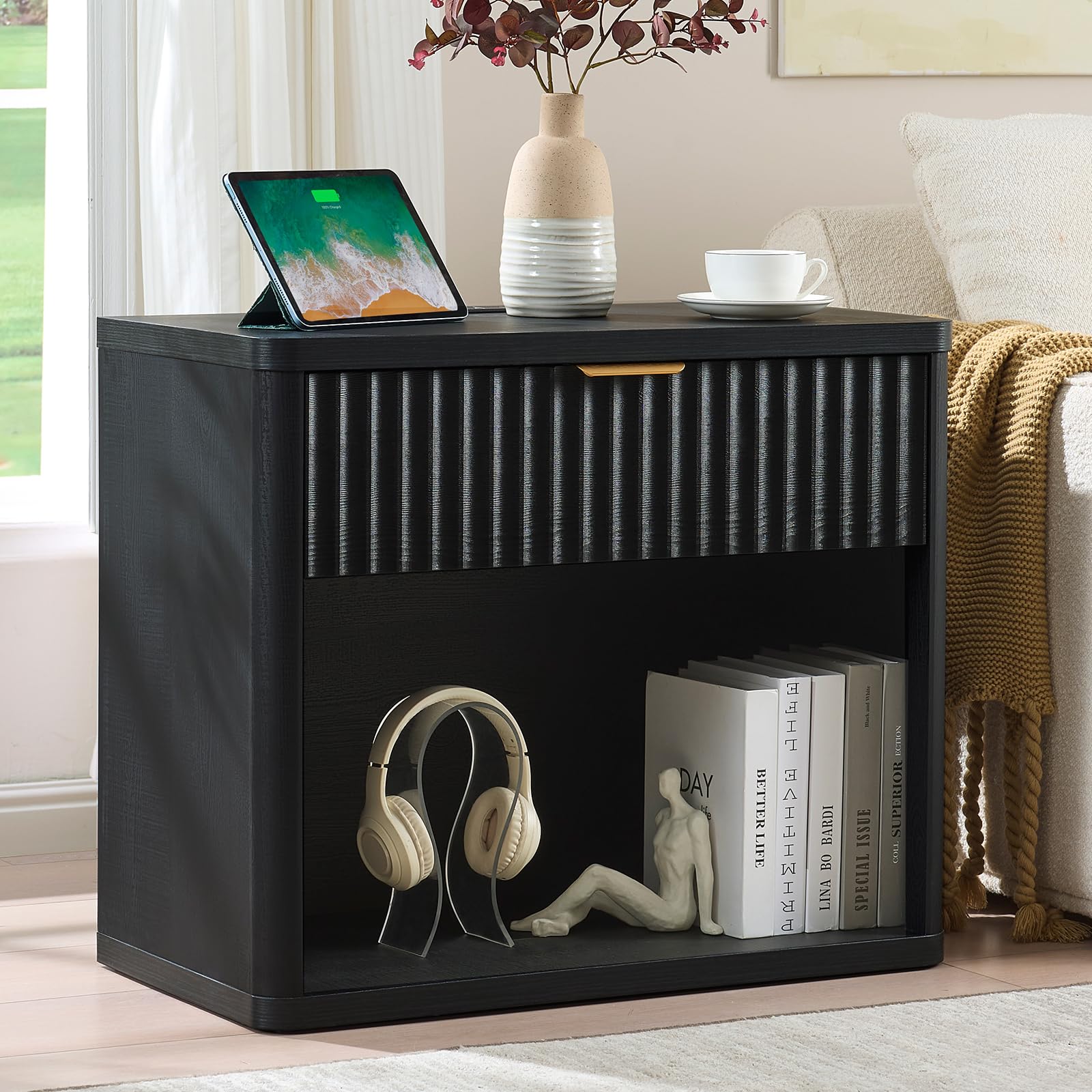 LEYAOYAO 31" Wide Fluted Nightstand with Charging Station, Oversized Extra Large 1 Drawer Night Stand with Golden Handle, Antique White Bedside Table Tall End Tables,for Bedroom, Living Room, Hallway