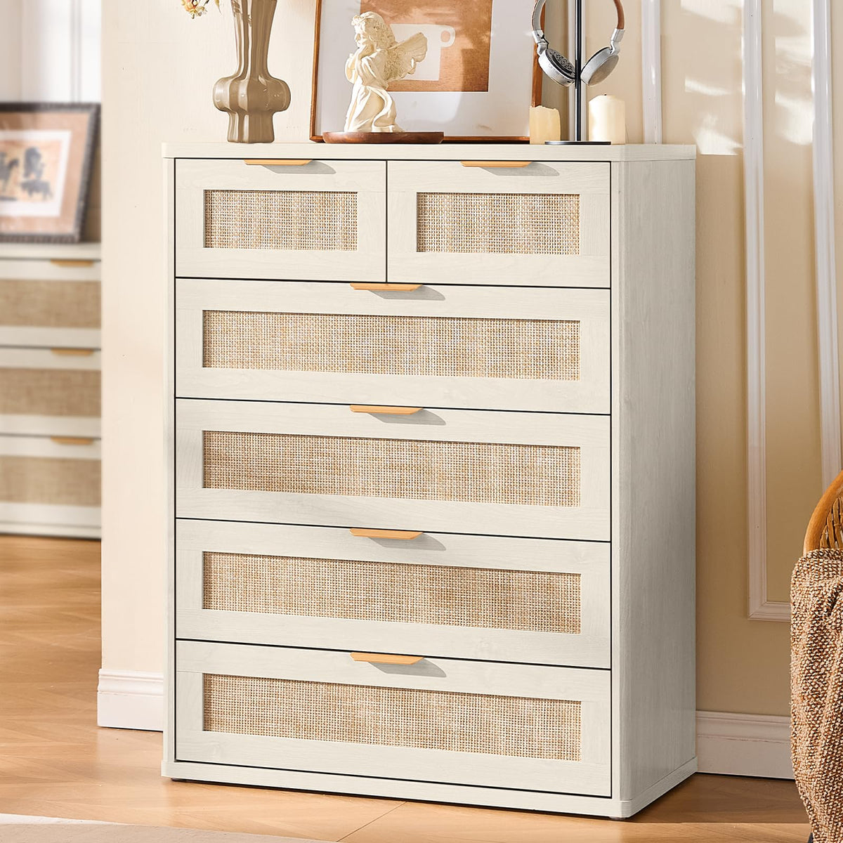 LEYAOYAO Rattan Dresser and Nightstand Set of 3, Boho Wood Dresser for Bedroom with 6 Drawers and Night Stand with Charging Station, Bedroom Furniture, Dressers & Chests of Drawers, Living Room