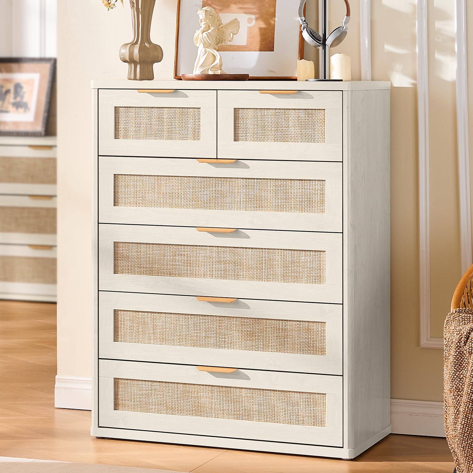 LEYAOYAO Rattan Dresser and Nightstand Set of 3, Boho Wood Dresser for Bedroom with 6 Drawers and Night Stand with Charging Station, Bedroom Furniture, Dressers & Chests of Drawers, Living Room
