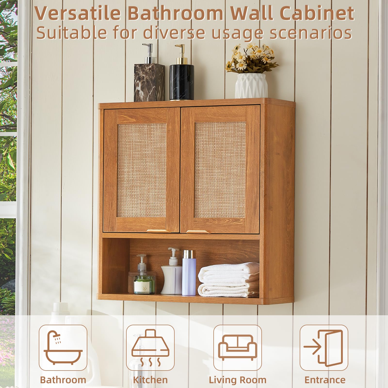 LEYAOYAO 68" Boho Over the Toilet Storage Cabinet with Rattan Sliding Door
