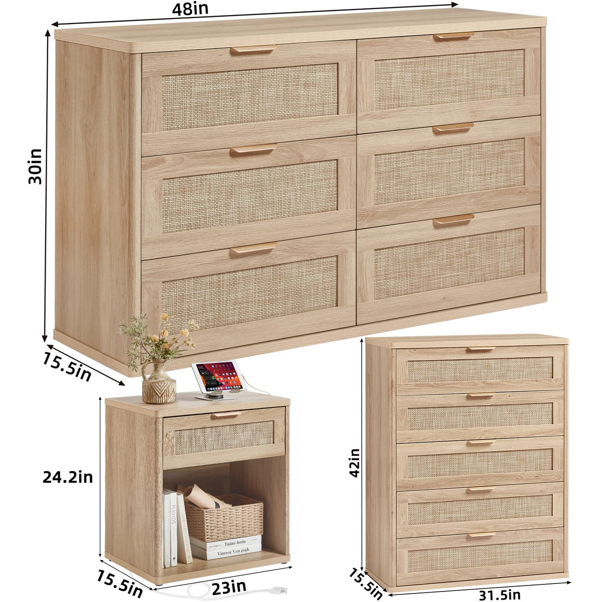 LEYAOYAO Rattan Dresser and Nightstand Set of 3, Boho Wood Dresser for Bedroom with 6 Drawers and Night Stand with Charging Station, Bedroom Furniture, Dressers & Chests of Drawers,Hallway,Living Room