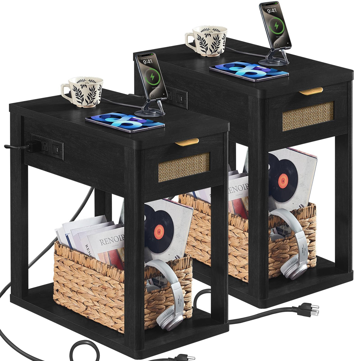 LEYAOYAO Narrow Side Table with Charging Station, Rattan 24 x 14''