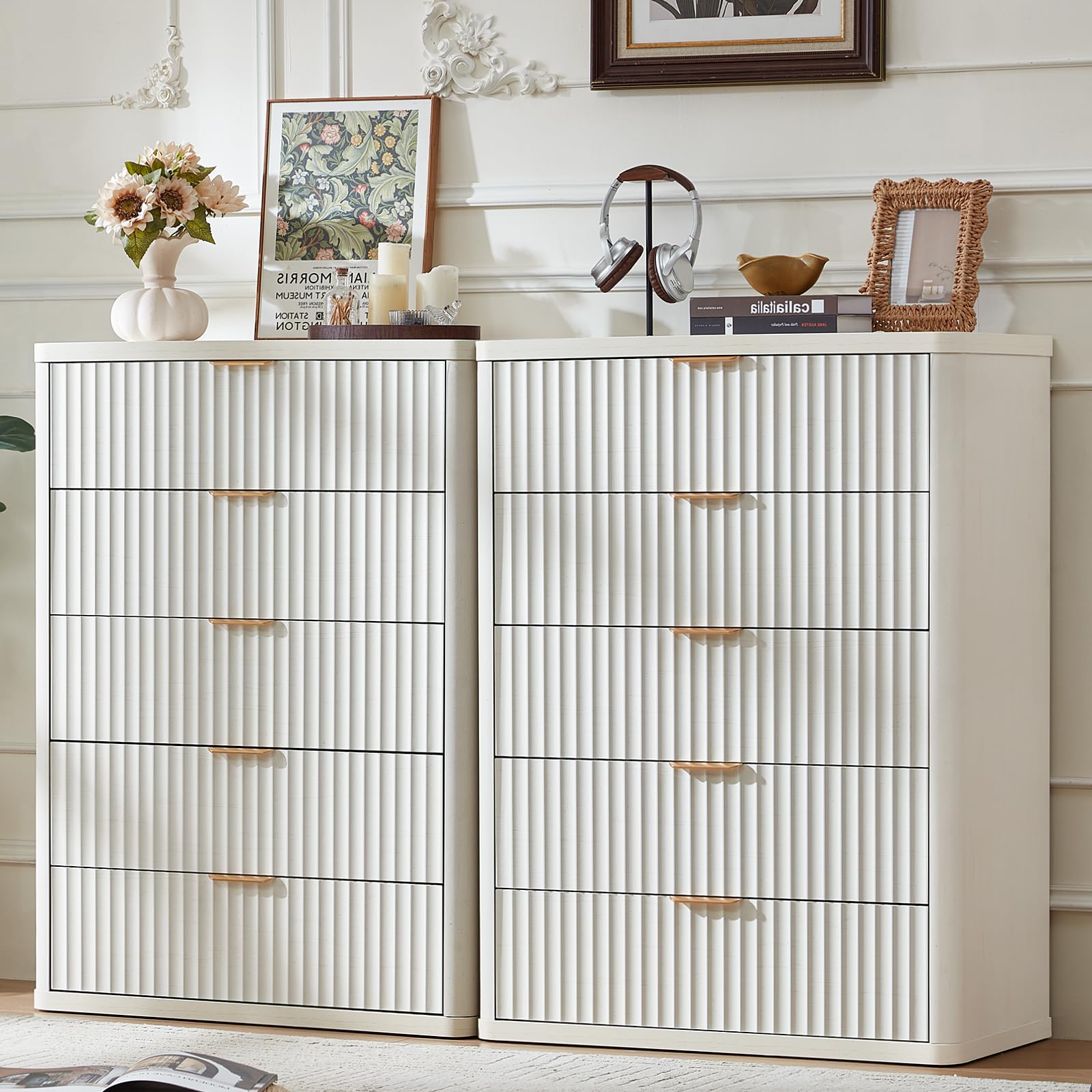 LEYAOYAO Fluted 5 Drawers Dresser for Bedroom, 41" Tall Modern Chest of Drawers with Metal Handle, Curved Profile Design,Natural Wood Drawer Organizer for Bedroom, Living Room, Hallway, Entryway