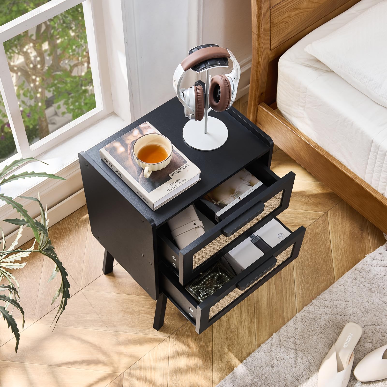 Lerliuo Rattan Nightstands Set of 2 for Bedroom, 2 Drawers