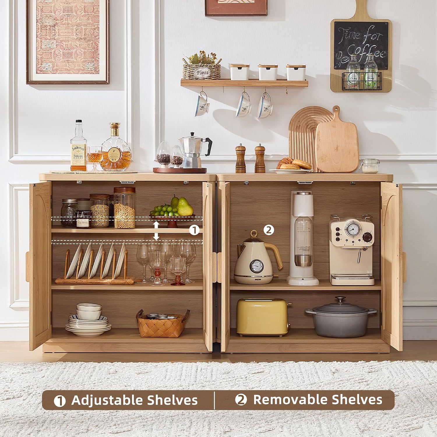 LEYAOYAO Rattan Sideboard Buffet Cabinet with Storage, 31.5" Coffee Bar Cabinet with Arch Doors & Adjustable Shelves, Wood Credenza, Boho Accent Cabinet for Kitchen, Living Room, Natural