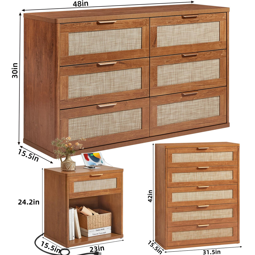LEYAOYAO Rattan Dresser and Nightstand Sets 4 Piece, Grey White