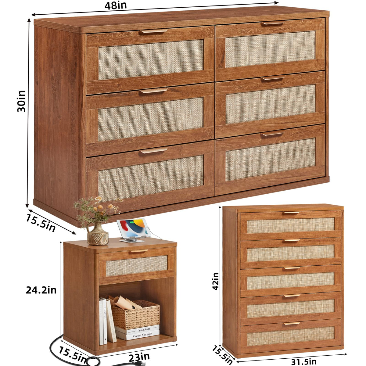 LEYAOYAO Rattan Dresser and Nightstand Sets 4 Piece, Grey White