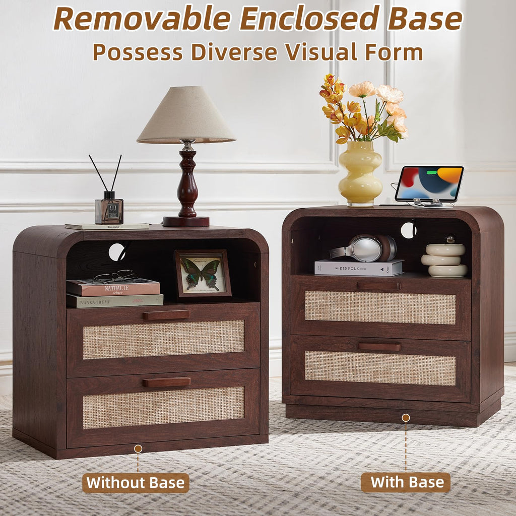 LEYAOYAO Rattan Nightstands Set of 2 with Charging Station, Natural