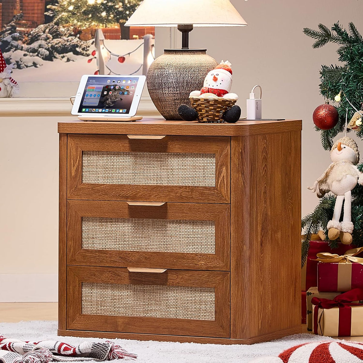 LEYAOYAO Rattan 23" Nightstands with Charger Station 2 Drawers