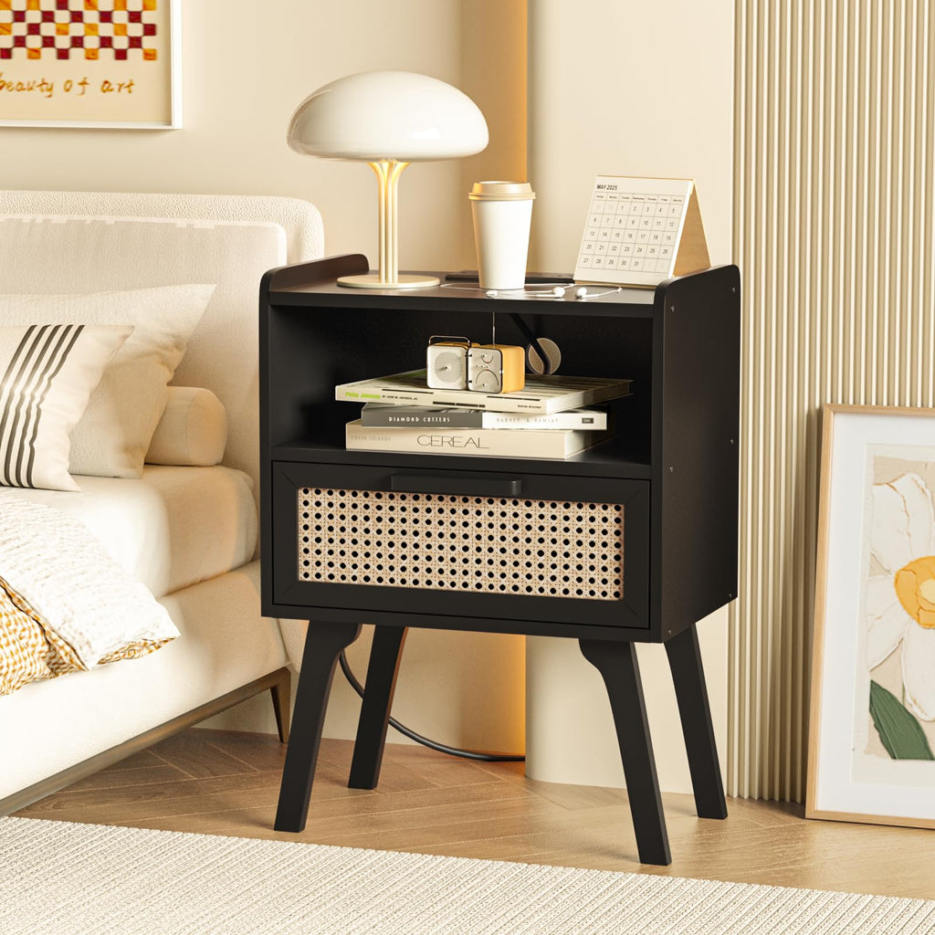Lerliuo Rattan Nightstand with Charging Station, Boho Night Stand