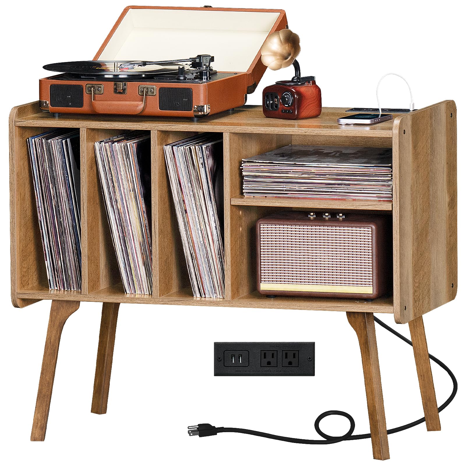 Lerliuo Record Player Stand with Charging Station Up to 220 Albums,Black