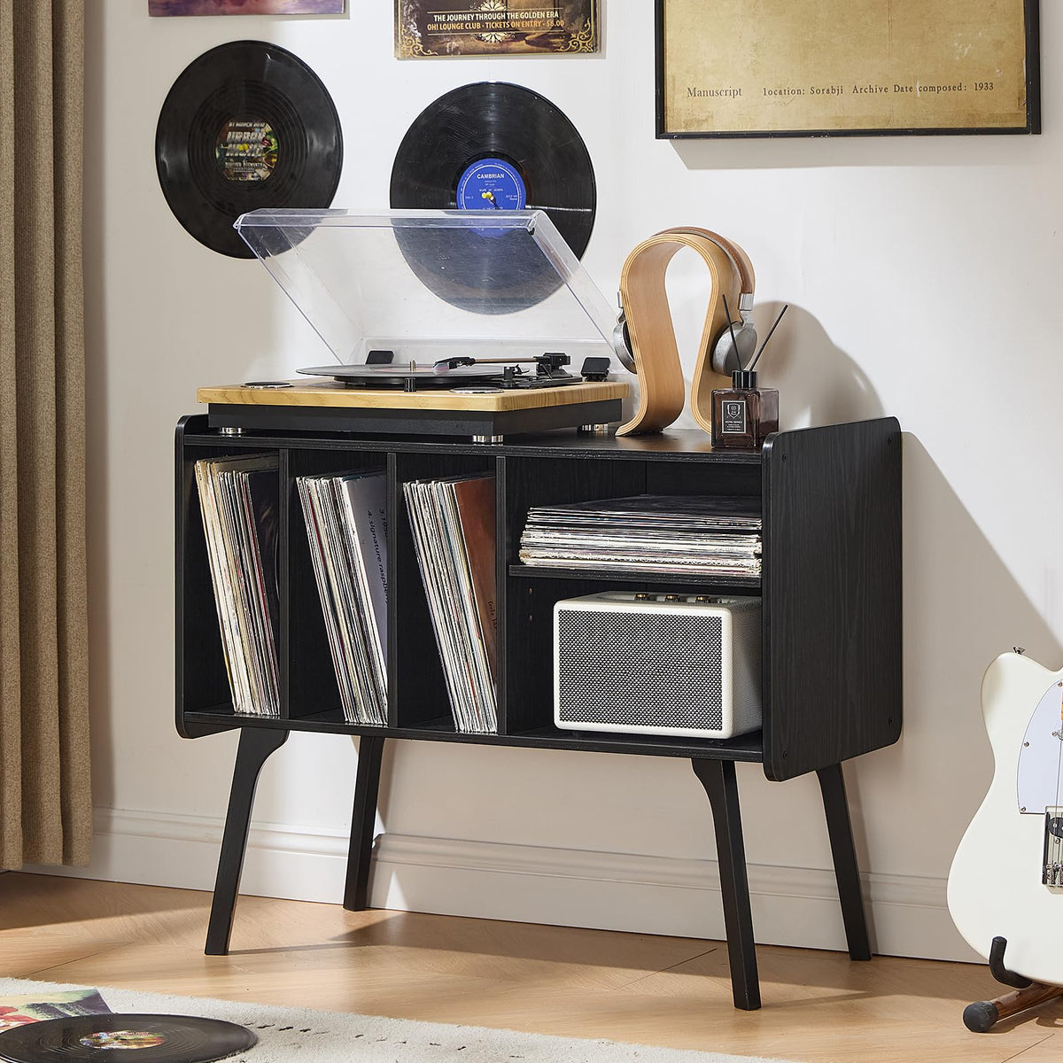 Lerliuo Record Player Stand with 4 Cabinet Holds Up to 220 Albums,Oak