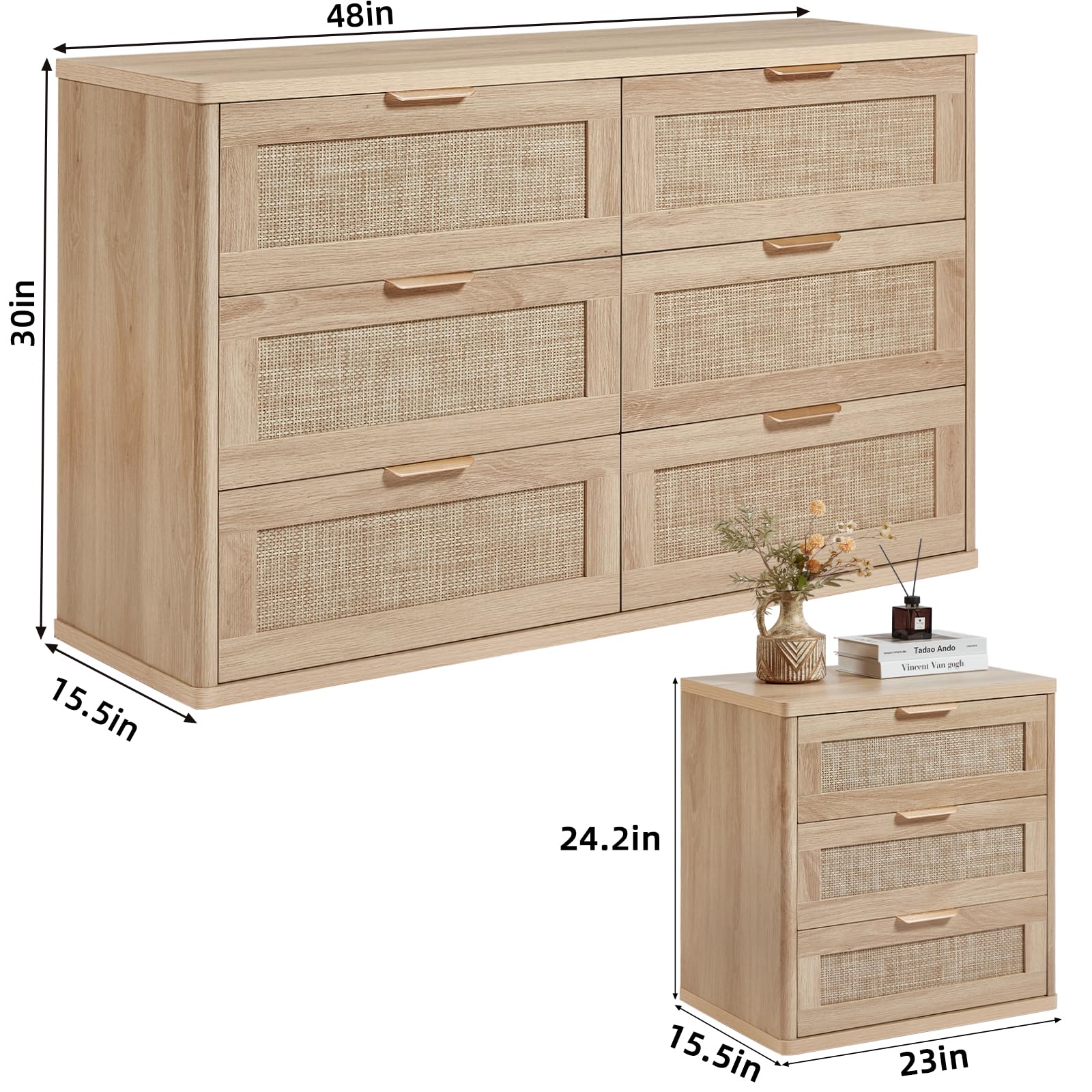 LEYAOYAO Rattan Dresser and Nightstand Sets 3 Piece, Natural