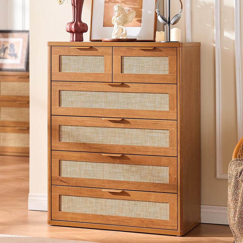 LEYAOYAO Rattan Dressers & Night Stand Set of 3, Boho Wood 48" Wide Dresser & 41"Tall Chest of Drawers, 23" with Charging Station Nightstand, Bedroom Furniture Dresser Set for Home Living Room Hallway