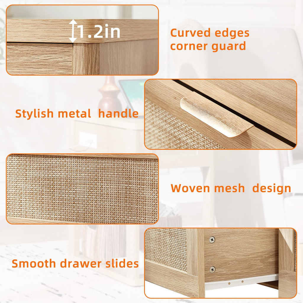LEYAOYAO Narrow Side Table with Charging Station, Rattan 24 x 14''
