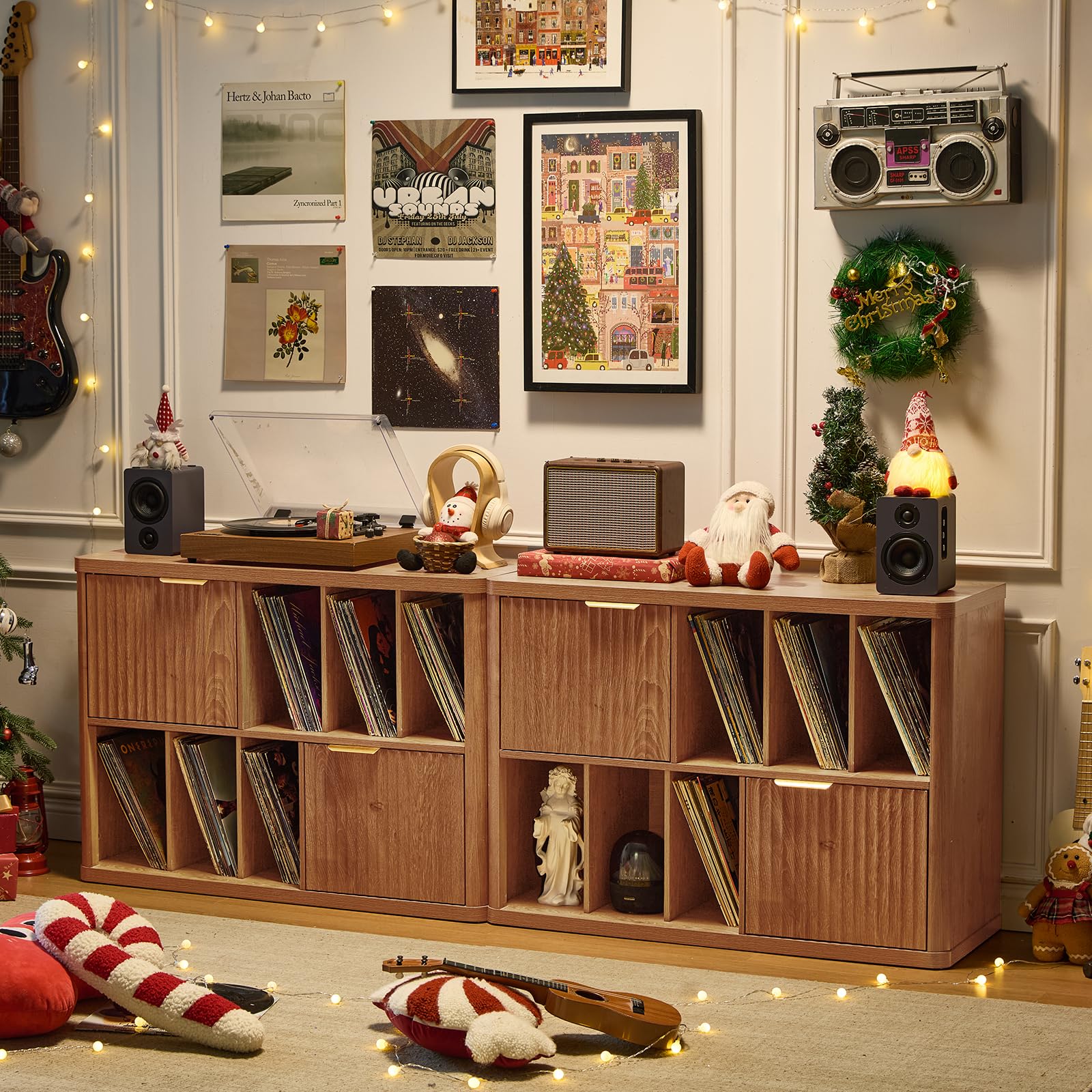 LEYAOYAO Large Record Player Stand with Vinyl Storage Up to 450 Albums, Wood Fluted Record Storage Accent Cabinet, Modern Stereo Media Cabinets, Wide Turntable Stand for Living Room, Antique White