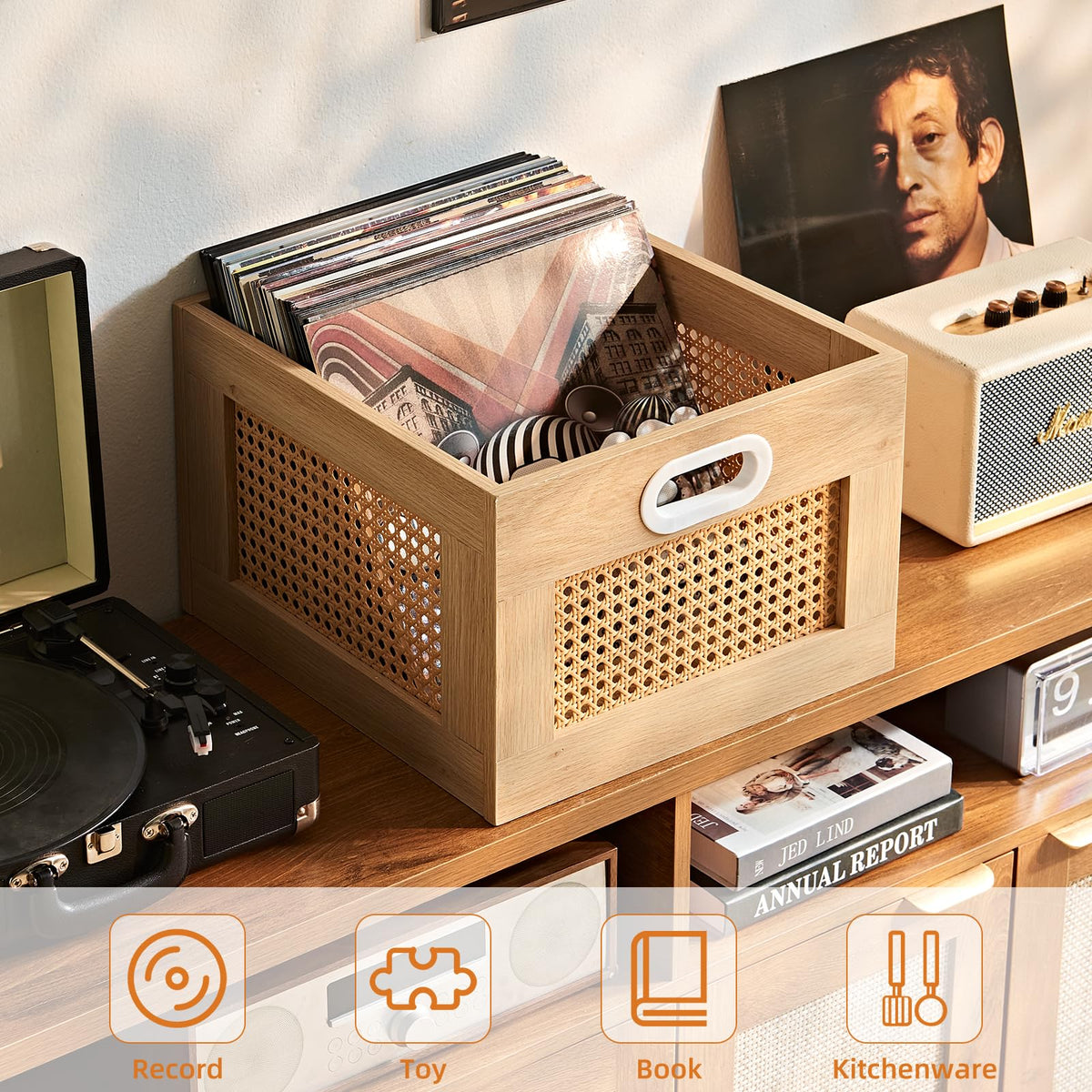 LEYAOYAO Vinyl Record Storage, Rattan Record Crate for Vinyl Albums Holder