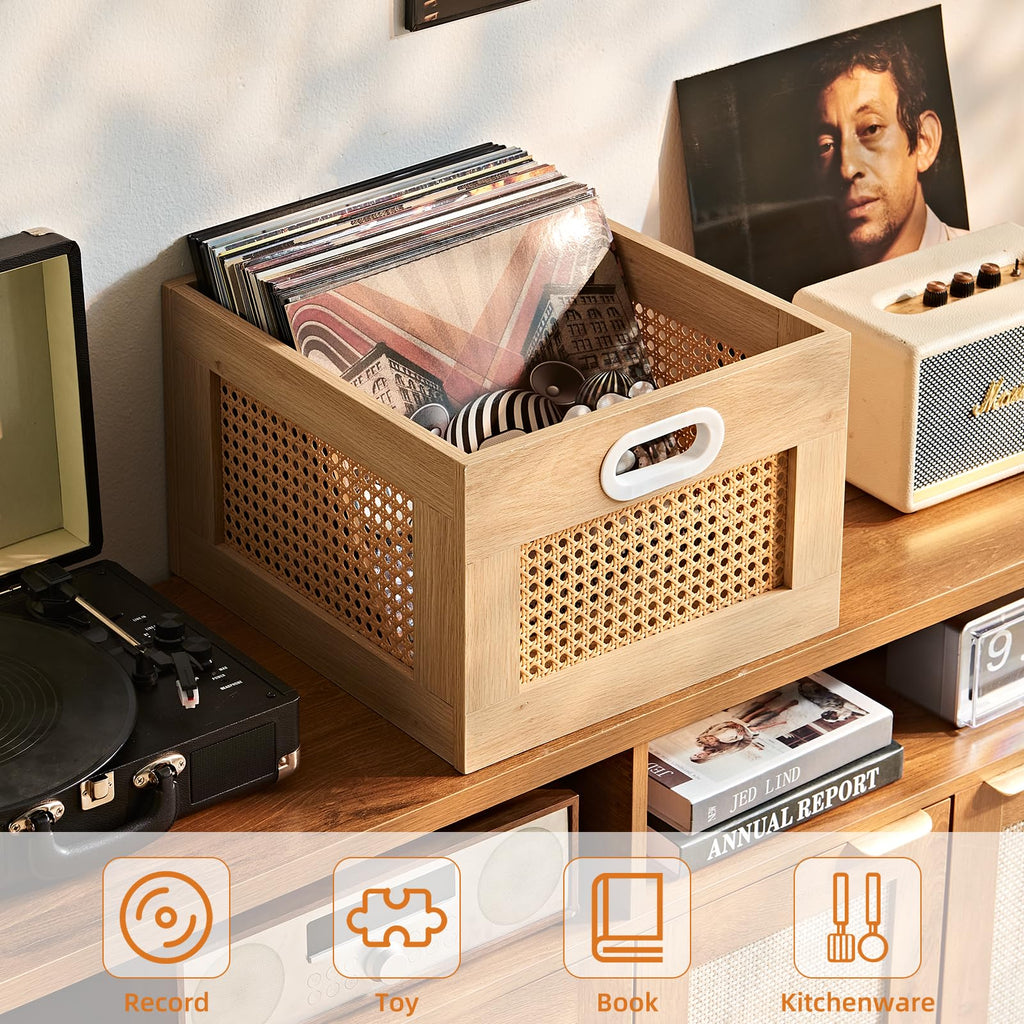 LEYAOYAO Vinyl Record Storage, Rattan Record Crate for Vinyl Albums Holder