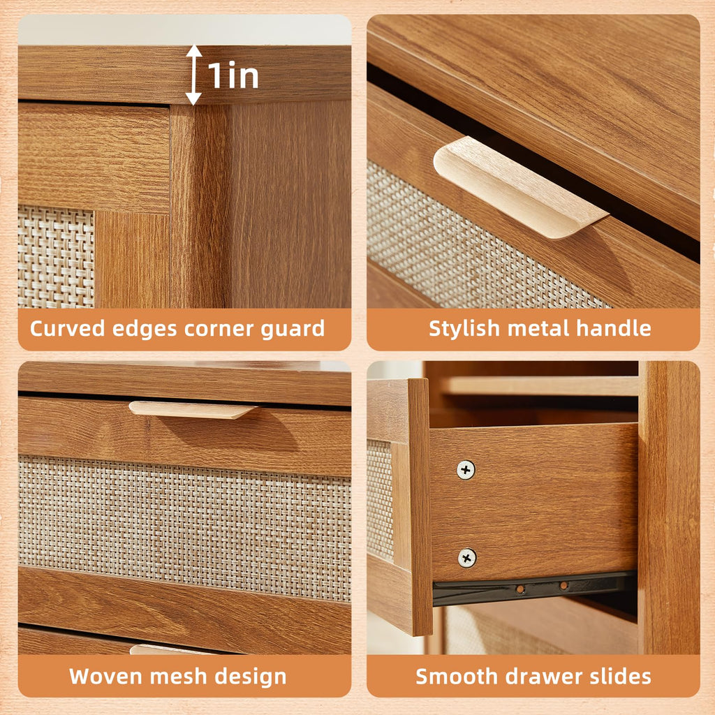 LEYAOYAO Rattan Nightstand Set of 2 with Charging Station, 1 & 2 Drawers Boho Night Stand Dresser for Bedroom, Natural Wood Bedside Table Open Storage Cabinet, Bed Side End Tables, Living Room,Hallway