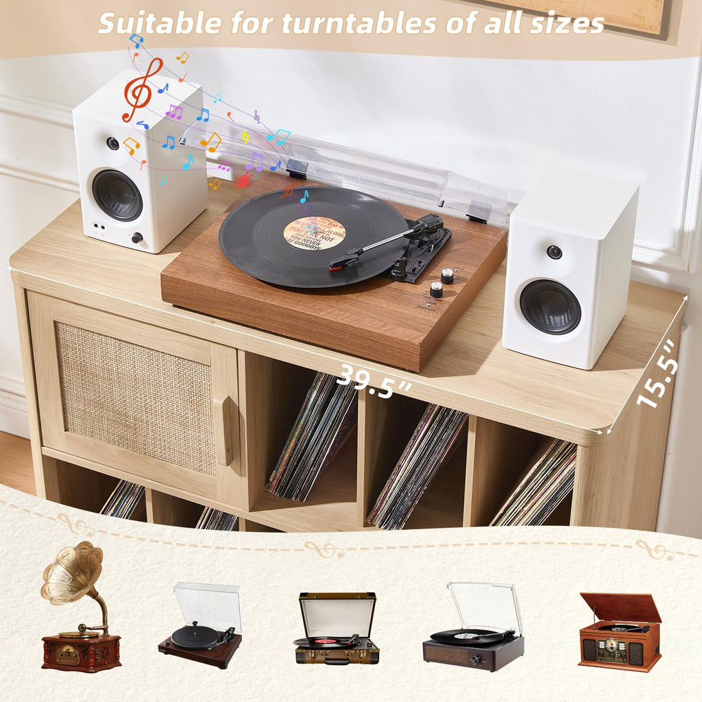 LEYAOYAO Large Record Player Stand with Vinyl Storage Up to 450 Albums, Wood Fluted Record Storage Accent Cabinet, Modern Stereo Media Cabinets, Wide Turntable Stand for Living Room, Antique White