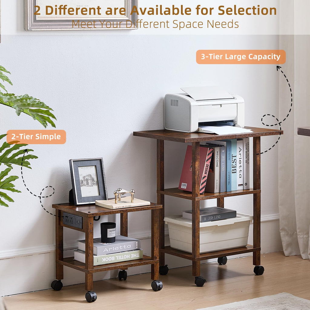 Lerliuo Under Desk Printer Stand with Charging Station, 2 Tier Wooden Small Printer Table with Storage, Rolling Printer Cart Shelf with Lockable Wheels for Home, Office (Brown)