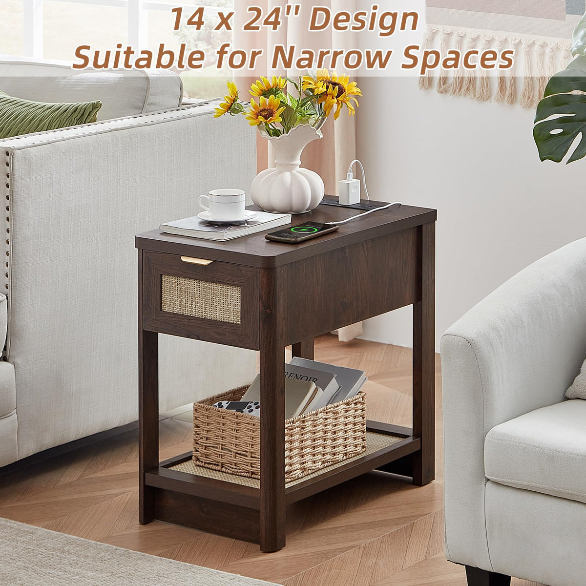 Lerliuo 24 x 14'' Narrow Night Stand Set 2 with Charger USB Ports