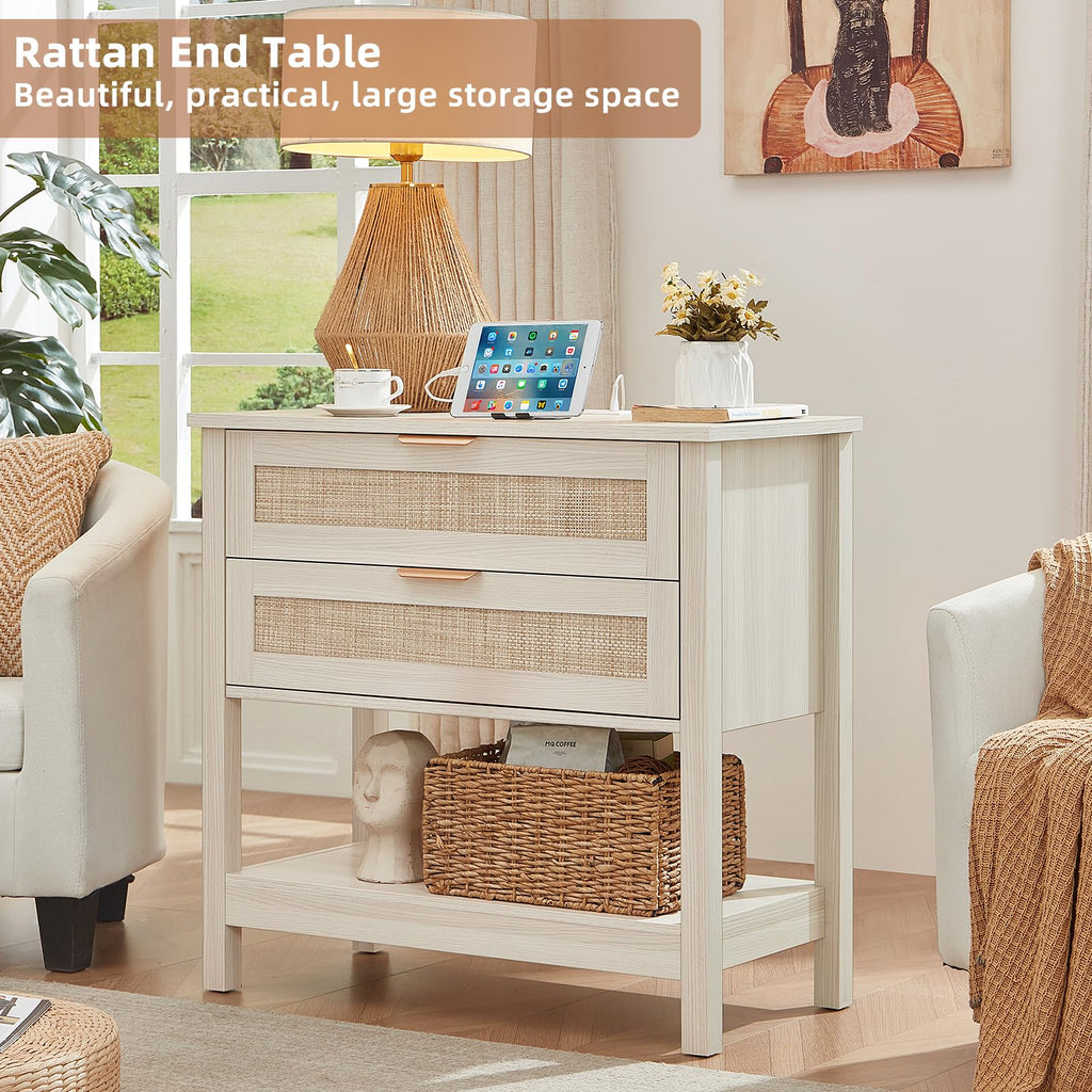 Lerliuo 31.5" Wide Rattan Nightstand,Oversized Large Boho Night Stand with 2 Drawers, 30" Tall Grey White Bedside Table with Storage Shelf, Bed Side End Tables for Bedroom, Living Room, Hallway