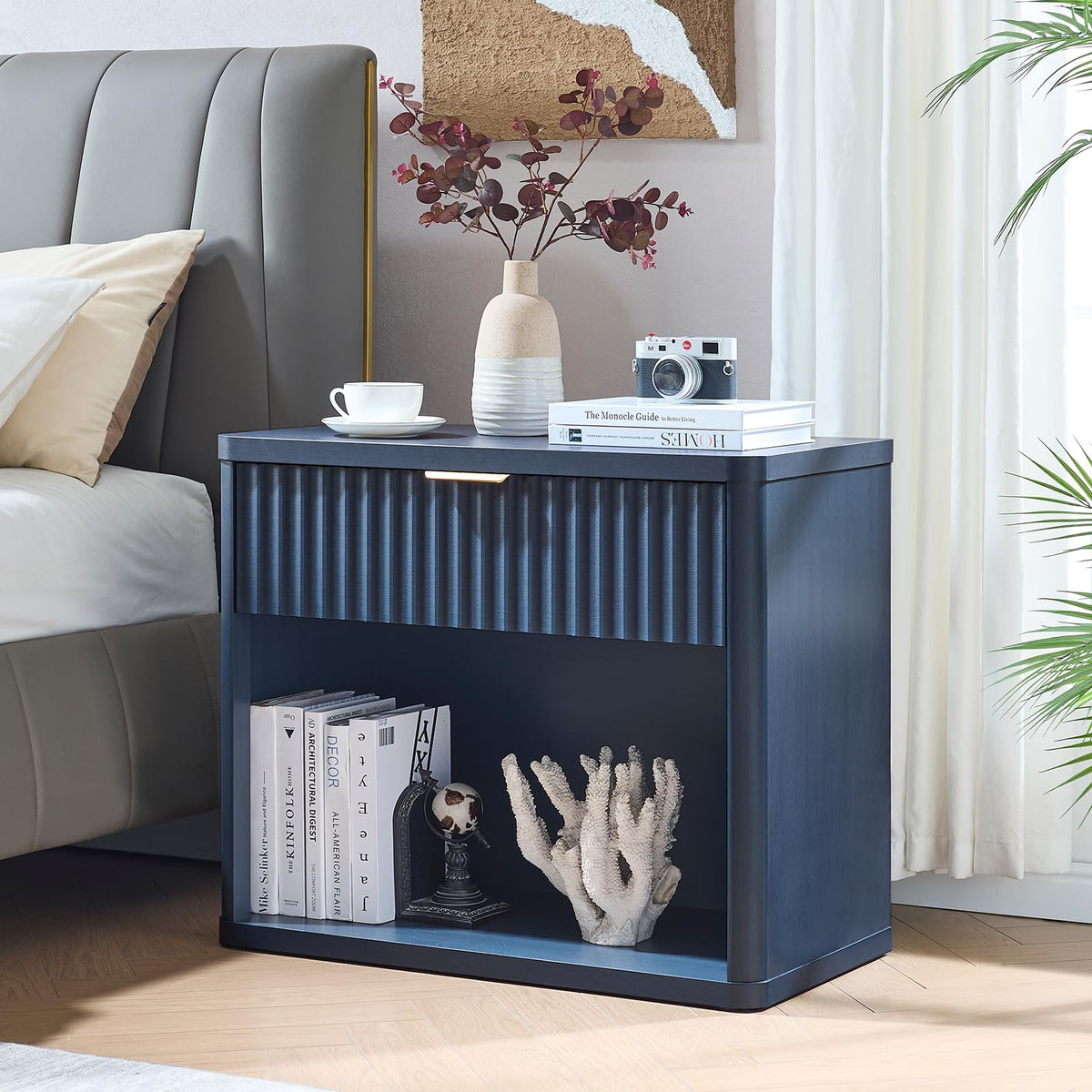 LEYAOYAO 31" Wide Fluted Nightstand with Charging Station, Oversized Extra Large 1 Drawer Night Stand with Golden Handle, Antique White Bedside Table Tall End Tables,for Bedroom, Living Room, Hallway