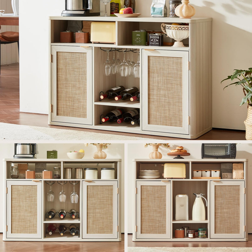Lerliuo Rattan Wine Bar Cabinet with 2 Doors, Walnut