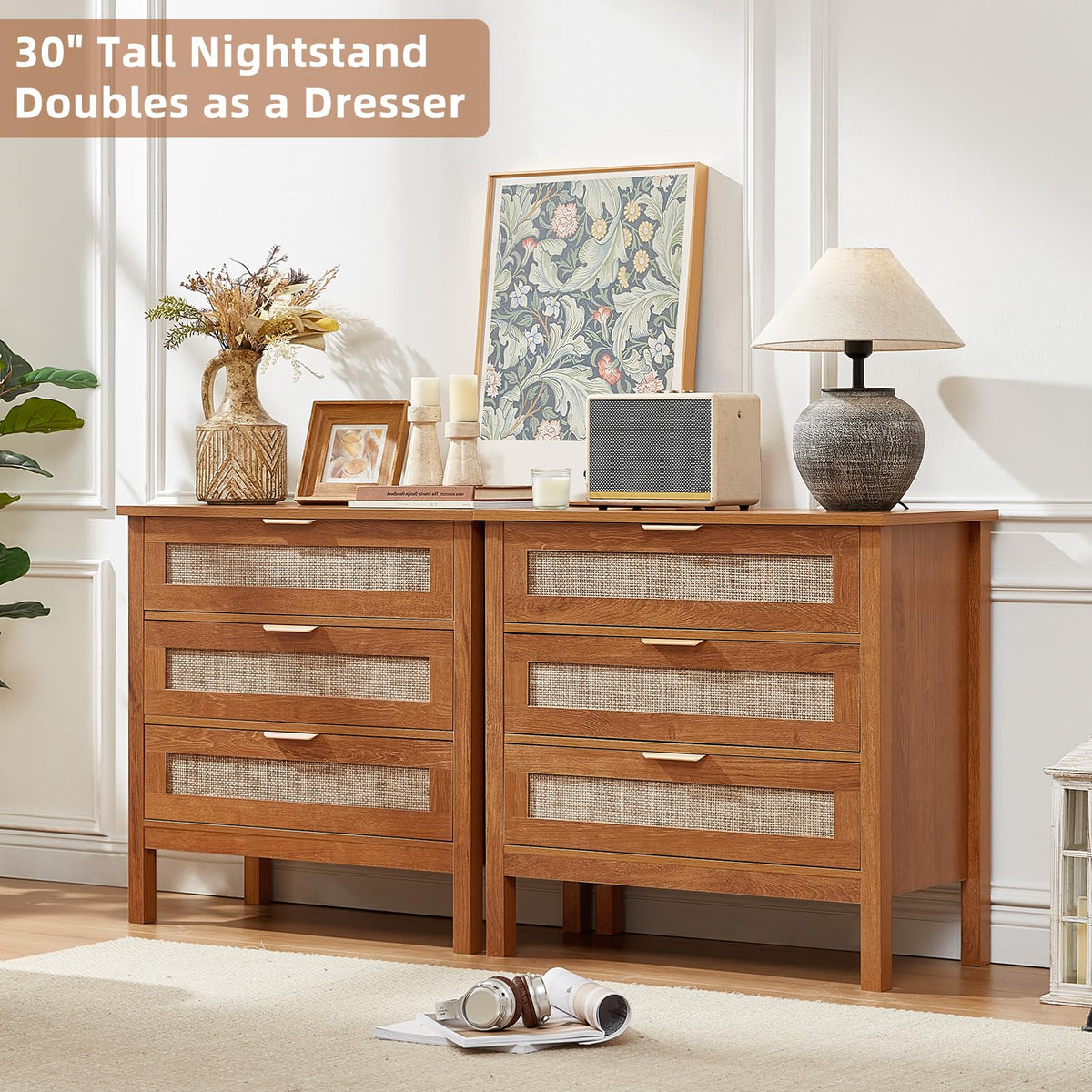 Lerliuo 31.5" Wide Rattan Nightstand,Oversized Large Boho Night Stand with 2 Drawers, 30" Tall Grey White Bedside Table with Storage Shelf, Bed Side End Tables for Bedroom, Living Room, Hallway