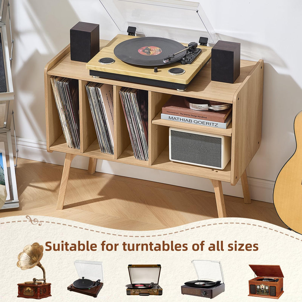 Lerliuo Record Player Stand with 4 Cabinet Holds Up to 220 Albums,Oak
