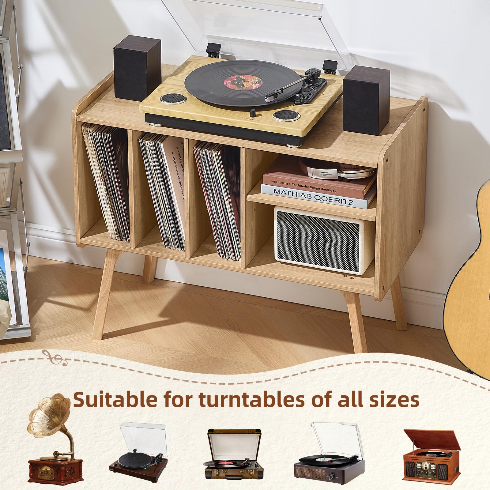 Lerliuo Record Player Stand with 4 Cabinet Holds Up to 220 Albums,Oak