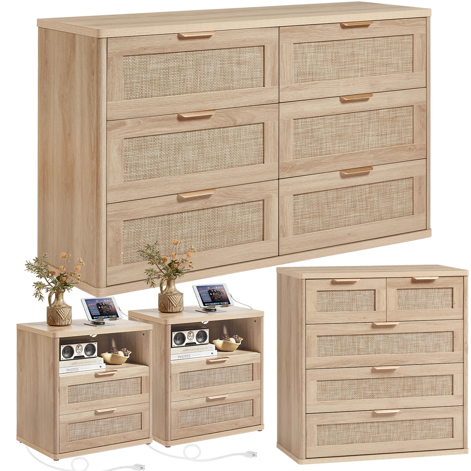 LEYAOYAO Rattan Dresser and Nightstand Sets 4 Piece, Boho Wood Dresser for Bedroom with 6 Drawers and Night Stand with Charging Station, Bedroom Furniture, Dressers & Chests of Drawers, Hallway