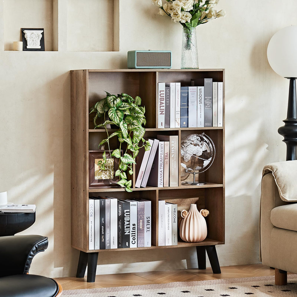 LEYAOYAO 7 Cube Bookshelf, Mid-Century Modern Bookcase Legs,Black Wooden Book Shelves, Wood 3-Tier Freestanding Storage Organizer Display Shelf for Bedroom,Living Room,Office