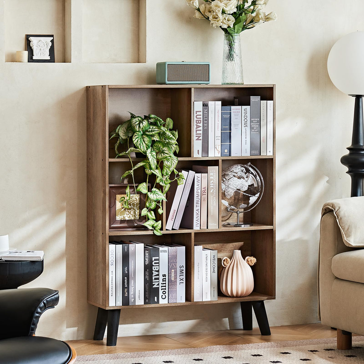 LEYAOYAO 7 Cube Bookshelf, Mid-Century Modern Bookcase Legs,Black Wooden Book Shelves, Wood 3-Tier Freestanding Storage Organizer Display Shelf for Bedroom,Living Room,Office