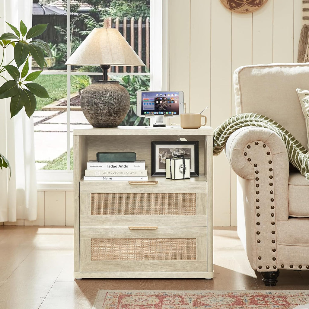 LEYAOYAO Rattan 23" Nightstands with Charger Station 2 Drawers