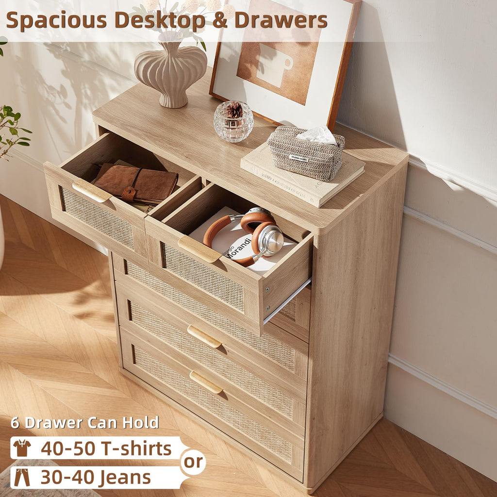 LEYAOYAO Rattan Dresser and Nightstand Set of 3, Boho Wood Dresser for Bedroom with 6 Drawers and Night Stand with Charging Station, Bedroom Furniture, Dressers & Chests of Drawers, Living Room