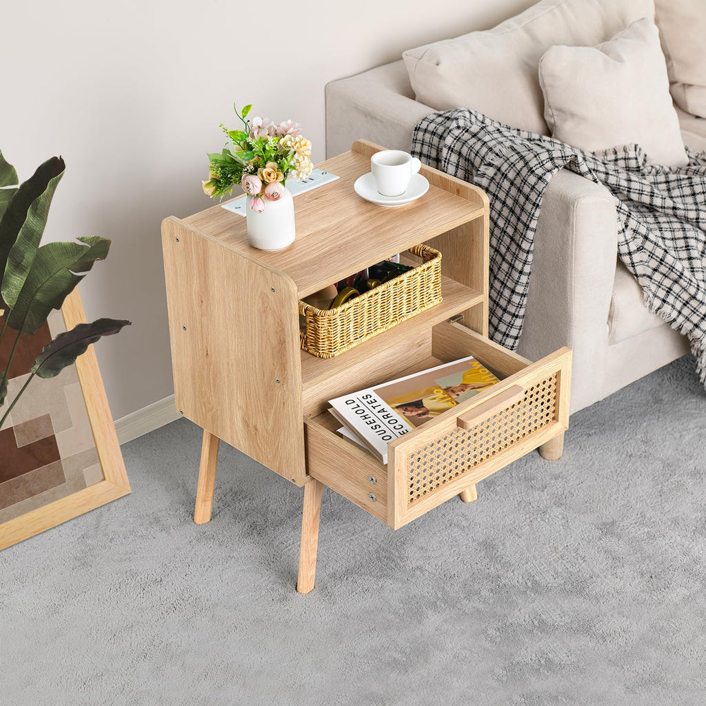 Lerliuo Rattan Nightstand with Charging Station, Boho Night Stand