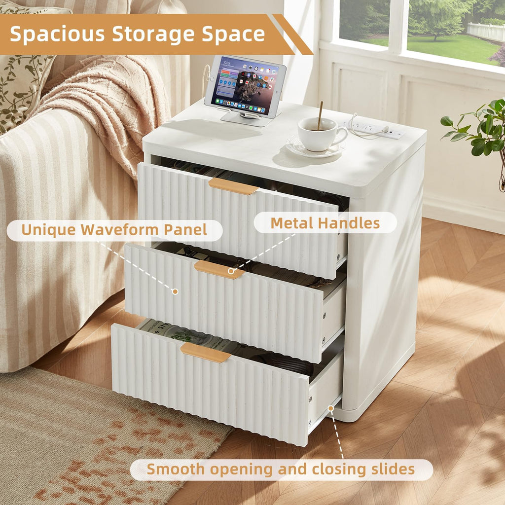 LEYAOYAO 23" Wide Fluted Night Stand with Charging Station, 3 Drawers Large End Table with Storage, LightGrey Nightstand Wood Bedside Tables, Farmhouse Cabinet Dresser for Bedroom, Closet