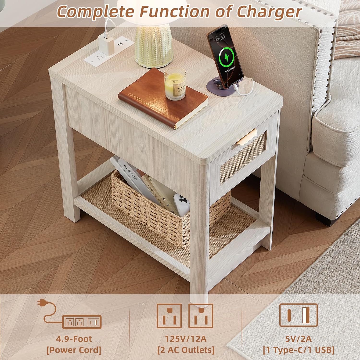 Lerliuo 24 x 14'' Narrow Night Stand Set 2 with Charger USB Ports