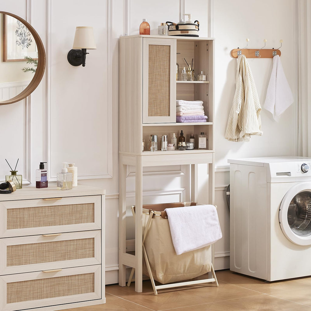 LEYAOYAO 68" Boho Over the Toilet Storage Cabinet with Rattan Sliding Door