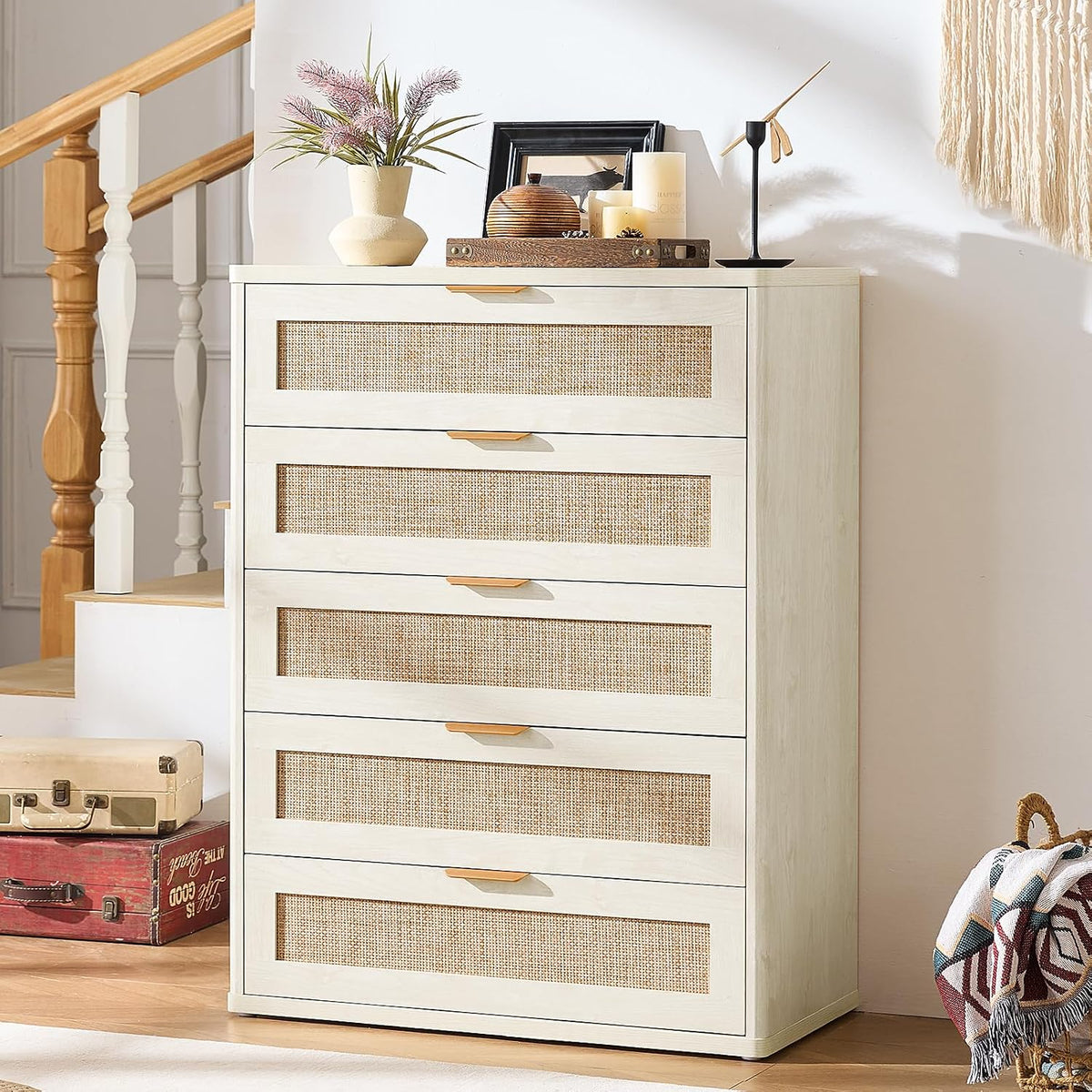 LEYAOYAO Rattan Dresser and Nightstand Sets 4 Piece, Grey White