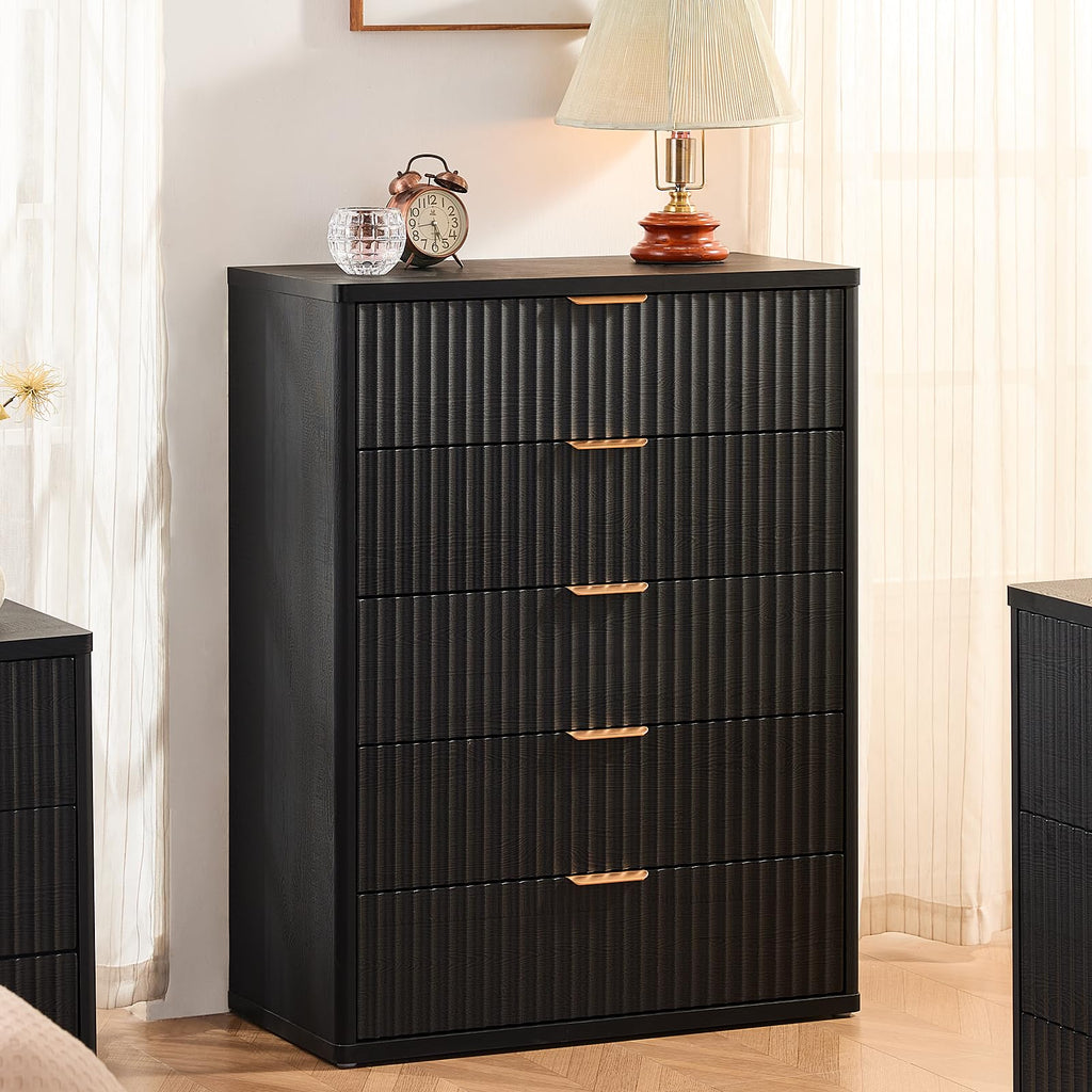 LEYAOYAO Fluted 5 Drawers Dresser for Bedroom, 41" Tall Modern Chest of Drawers with Metal Handle, Curved Profile Design,Natural Wood Drawer Organizer for Bedroom, Living Room, Hallway, Entryway