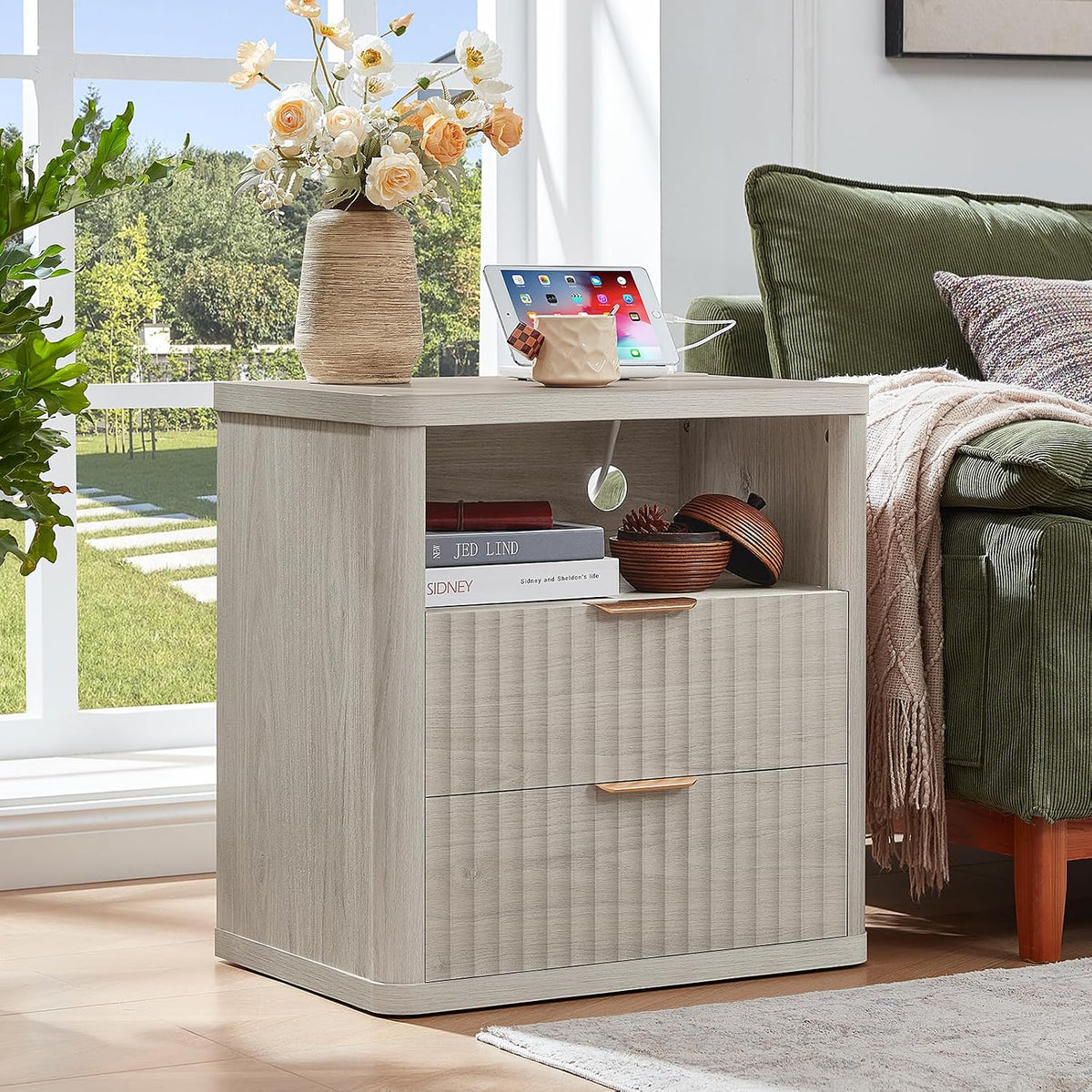 LEYAOYAO 23" Wide Fluted Night Stand with Charging Station, 2 Drawers Large End Table with Storage, LightGrey Nightstand Wood Bedside Tables, Farmhouse Cabinet Dresser for Bedroom, Closet