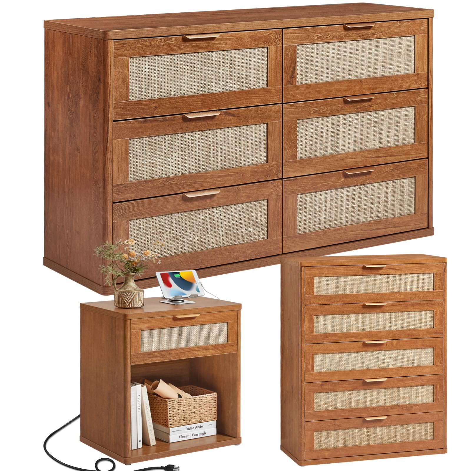 LEYAOYAO Rattan Dresser and Nightstand Set of 3, Boho Wood Dresser for Bedroom with 6 Drawers and Night Stand with Charging Station, Bedroom Furniture, Dressers & Chests of Drawers,Hallway,Living Room