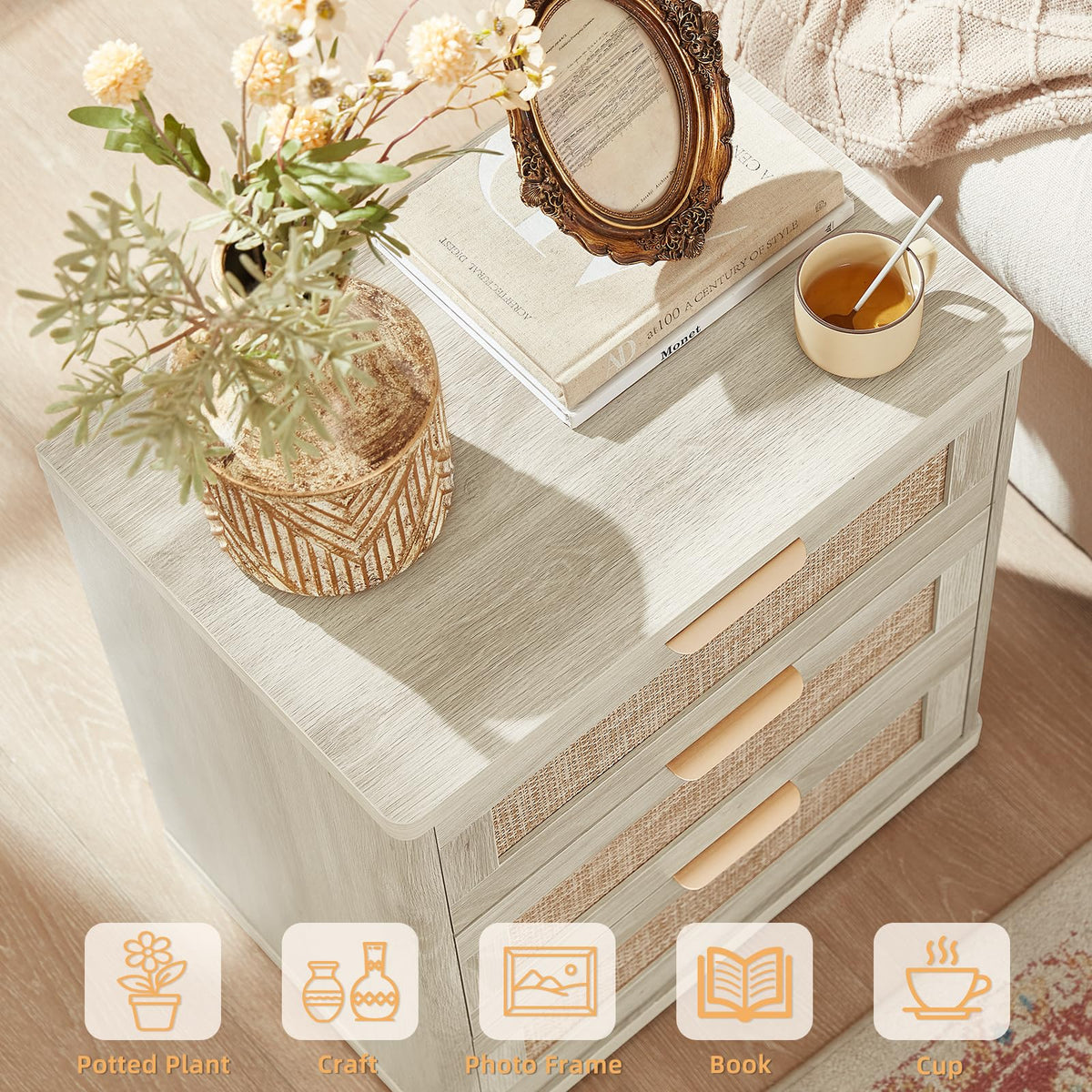 LEYAOYAO Rattan Nightstand Set of 2 with Charging Station, 1 & 2 Drawers Boho Night Stand Dresser for Bedroom, Natural Wood Bedside Table Open Storage Cabinet, Bed Side End Tables, Living Room,Hallway