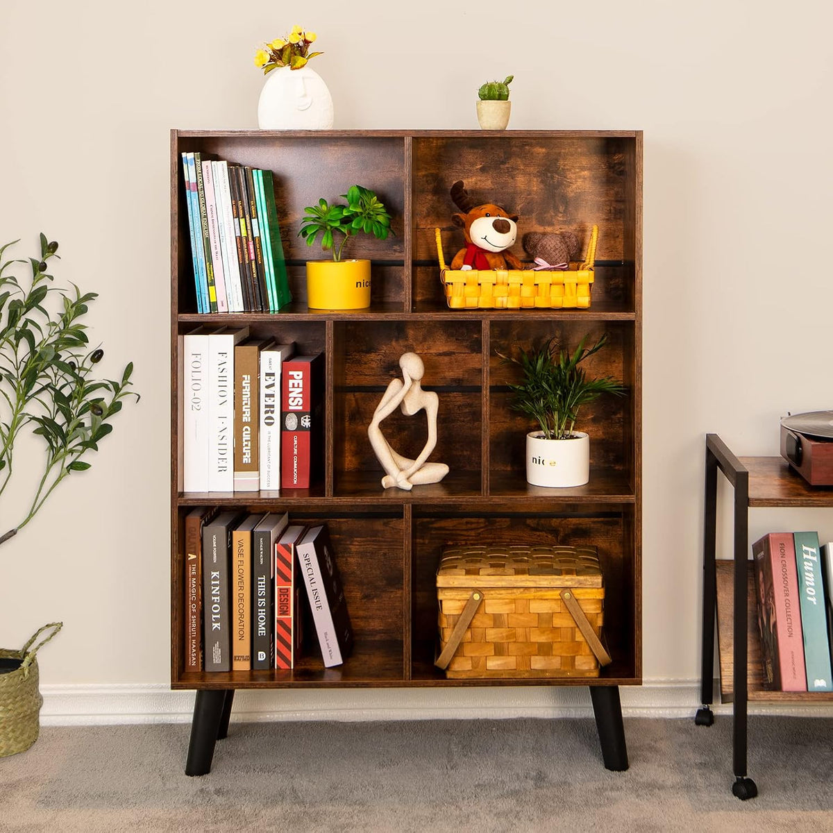 LEYAOYAO Brown Bookshelf and Record Player Stand