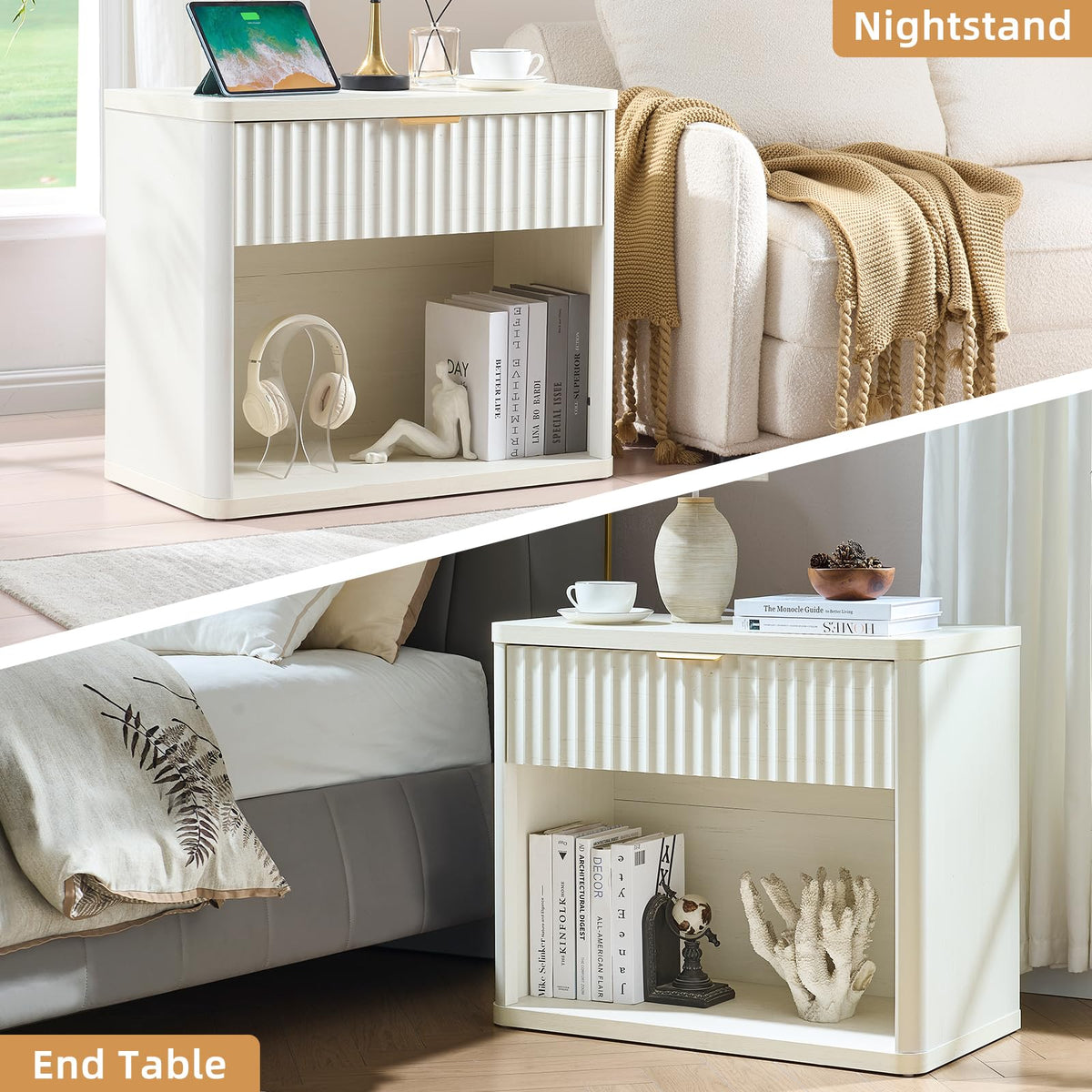 LEYAOYAO 31" Wide Fluted Nightstand with Charging Station, Oversized Extra Large 1 Drawer Night Stand with Golden Handle, Antique White Bedside Table Tall End Tables,for Bedroom, Living Room, Hallway